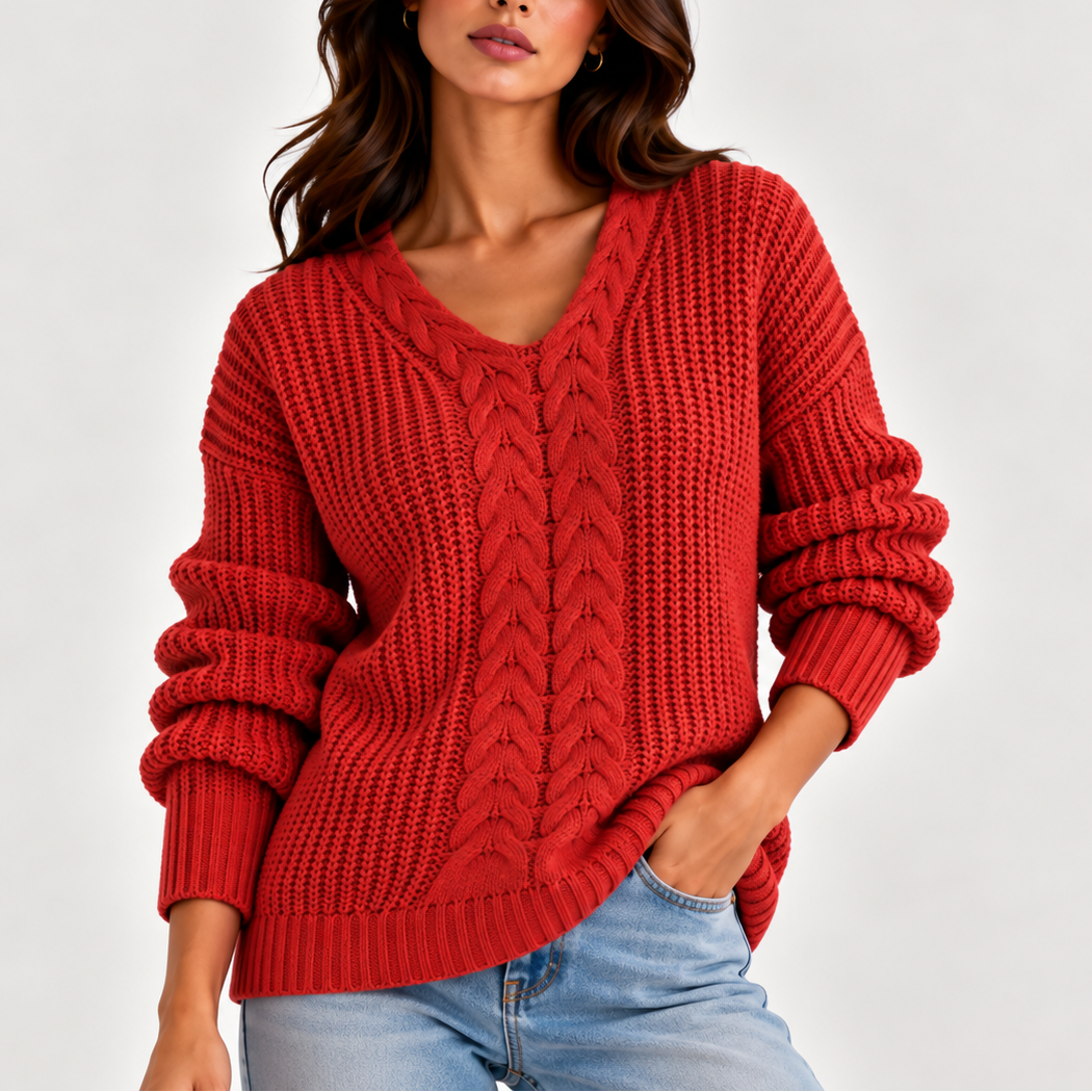 Women's Chunky Cable Knit Jumper with V-Neck, Red, view 4