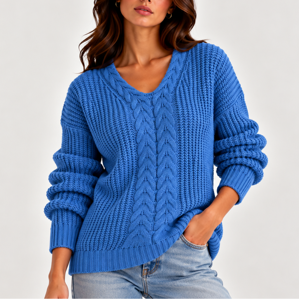 Women's Chunky Cable Knit Jumper with V-Neck, Blue, view 5