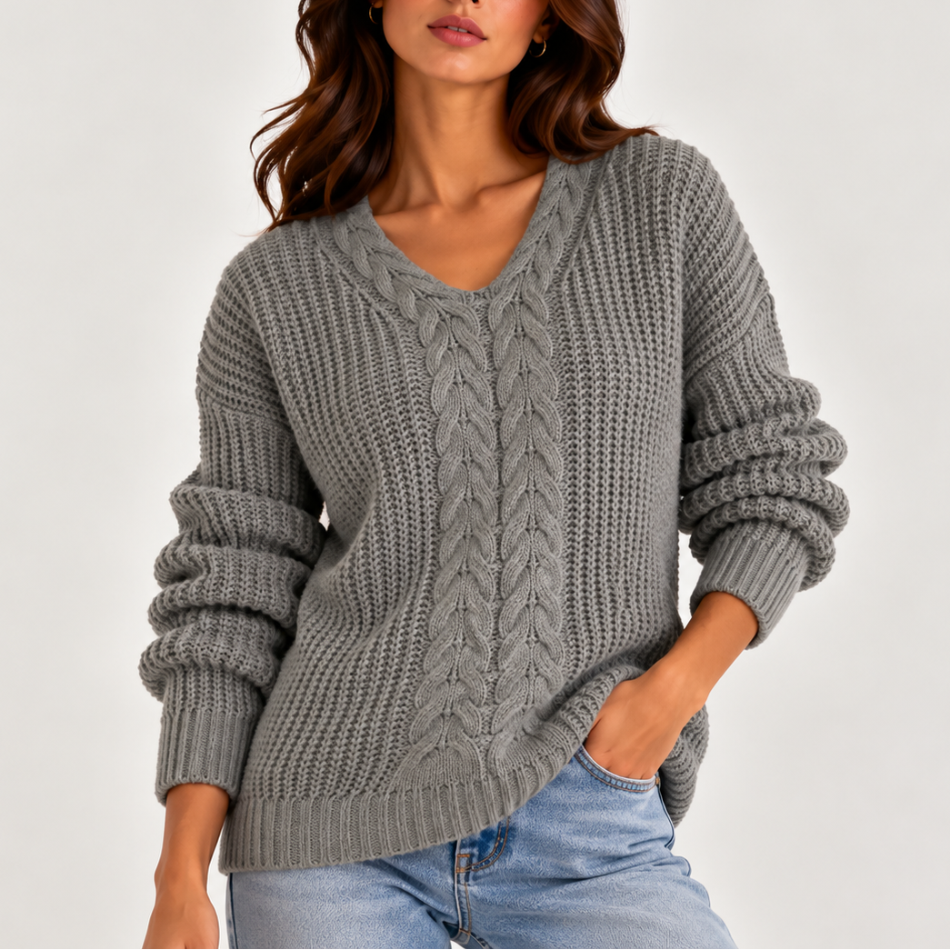 Women's Chunky Cable Knit Jumper with V-Neck, Grey, view 6