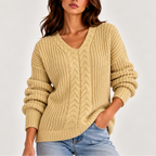 Women's Chunky Cable Knit Jumper with V-Neck, Beige, view 7