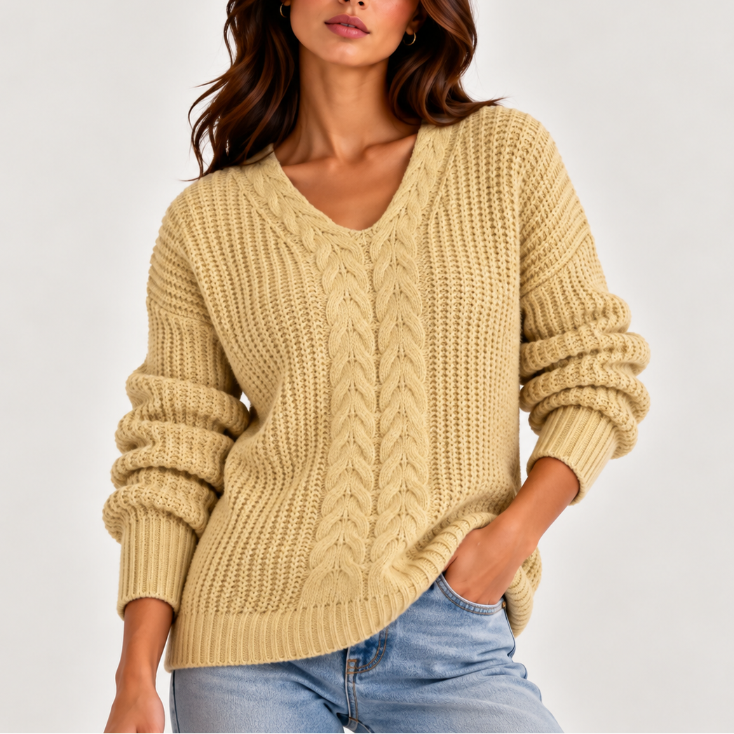 Women's Chunky Cable Knit Jumper with V-Neck, Beige, view 7