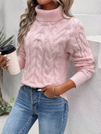 Women's Chunky Cable Knit Turtleneck Jumper with Side Splits, Pink, view 1