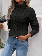 Women's Chunky Cable Knit Turtleneck Jumper with Side Splits, Black, view 2