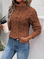 Women's Chunky Cable Knit Turtleneck Jumper with Side Splits, Brown, view 6