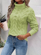 Women's Chunky Cable Knit Turtleneck Jumper with Side Splits, Light Green, view 10
