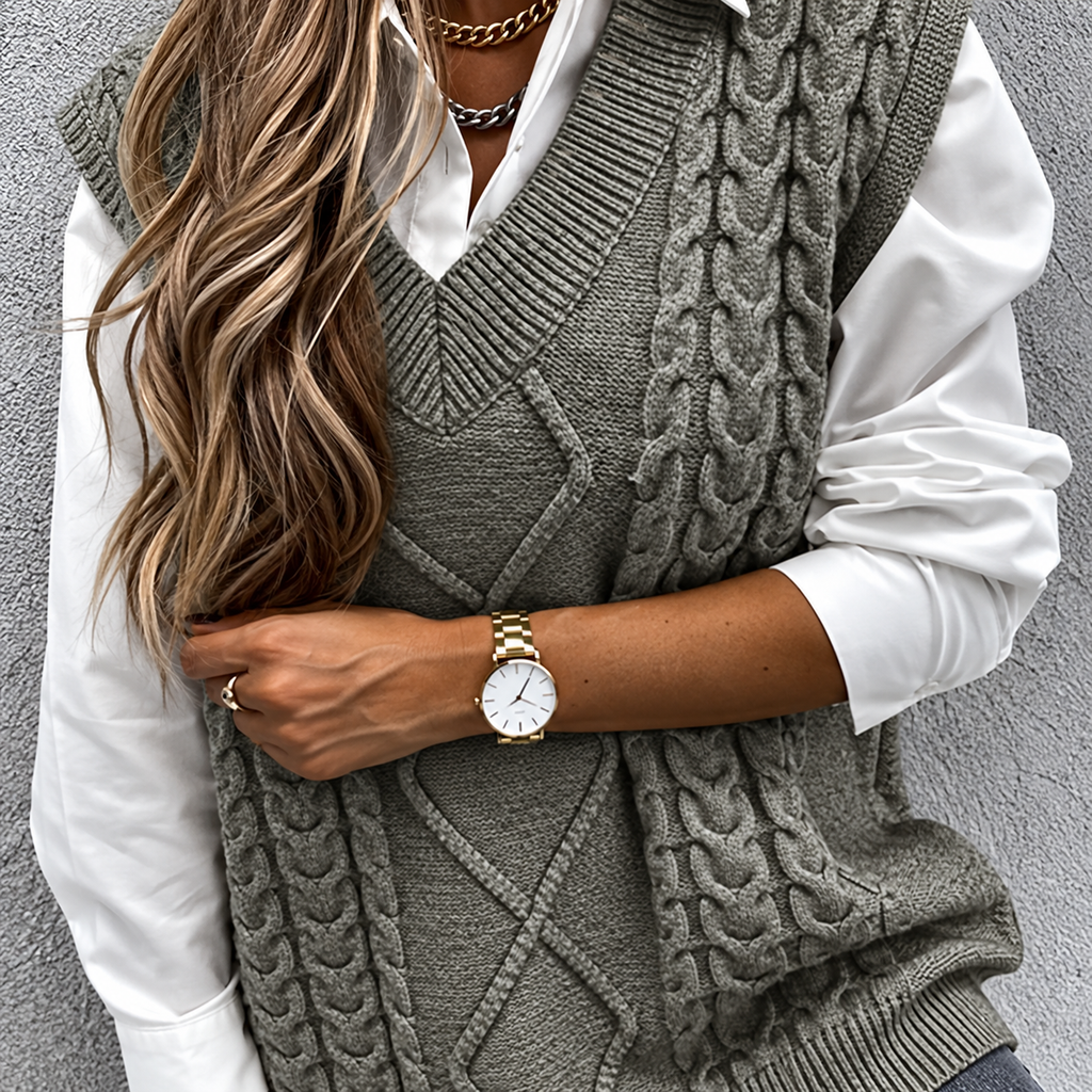 Women's Chunky Cable-Knit V-Neck Jumper Vest, Grey, view 1
