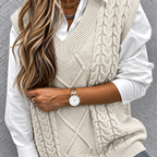 Women's Chunky Cable-Knit V-Neck Jumper Vest, White, view 2