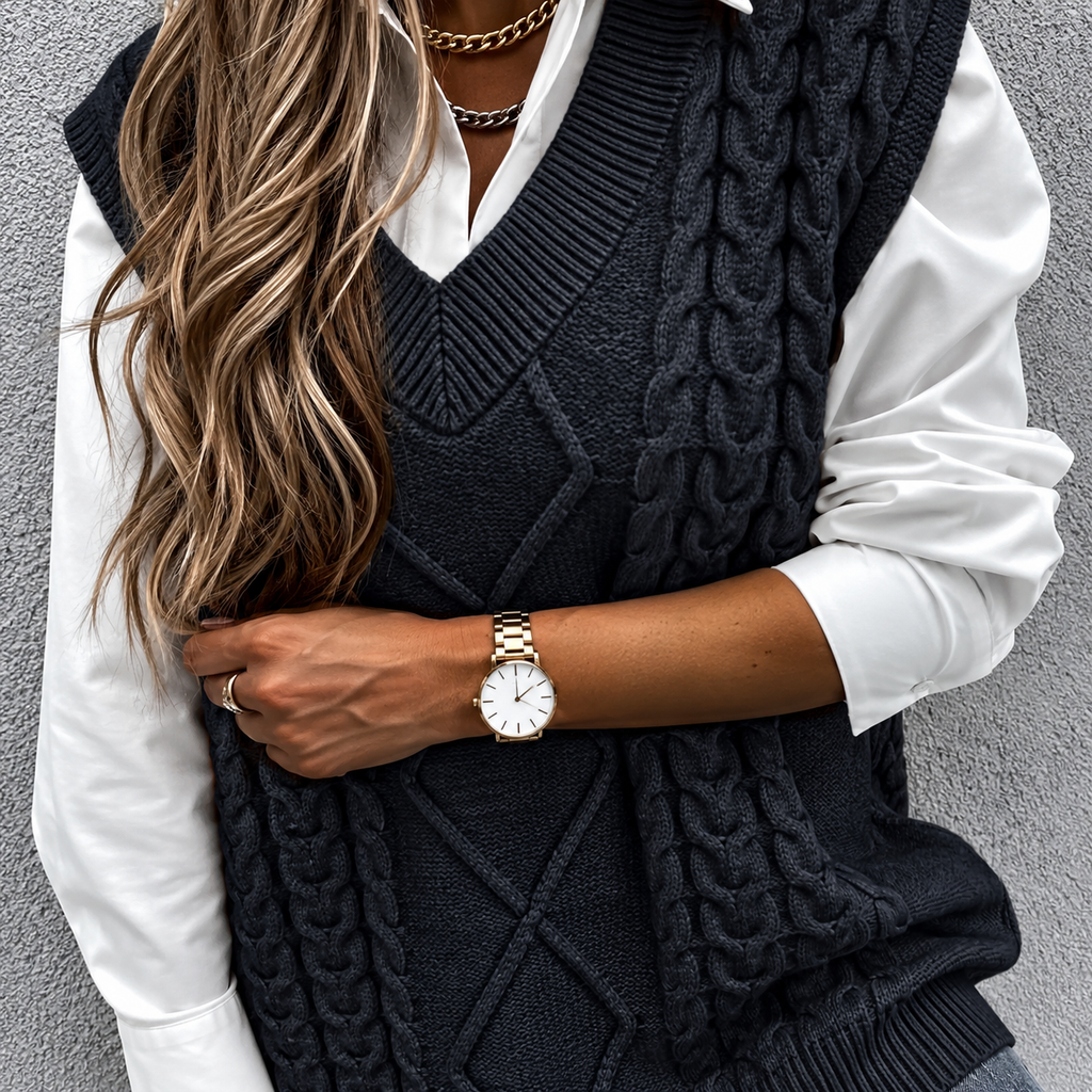 Women's Chunky Cable-Knit V-Neck Jumper Vest, Black, view 3