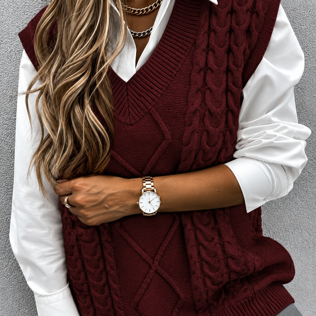 Women's Chunky Cable-Knit V-Neck Jumper Vest, Burgundy, view 4