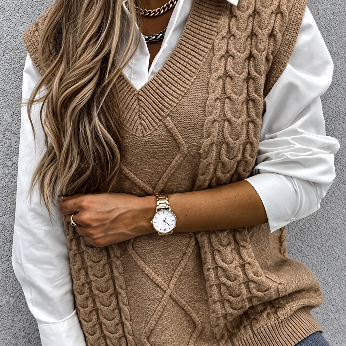 Women's Chunky Cable-Knit V-Neck Jumper Vest, Khaki, view 5
