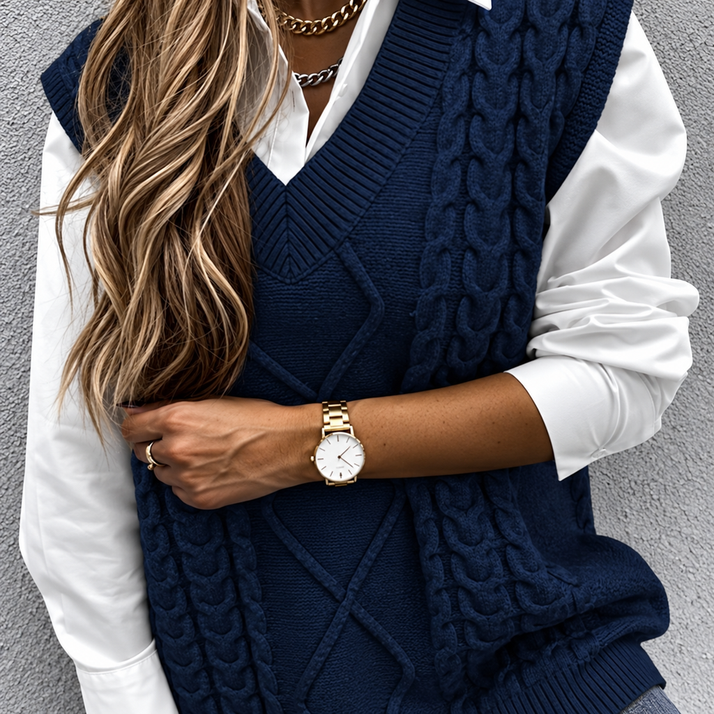 Women's Chunky Cable-Knit V-Neck Jumper Vest, Navy Blue, view 6