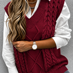 Women's Chunky Cable-Knit V-Neck Jumper Vest, Red, view 7