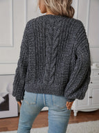 Women's Chunky Cable Knit V-Neck Jumper with Puff Sleeves, view 2