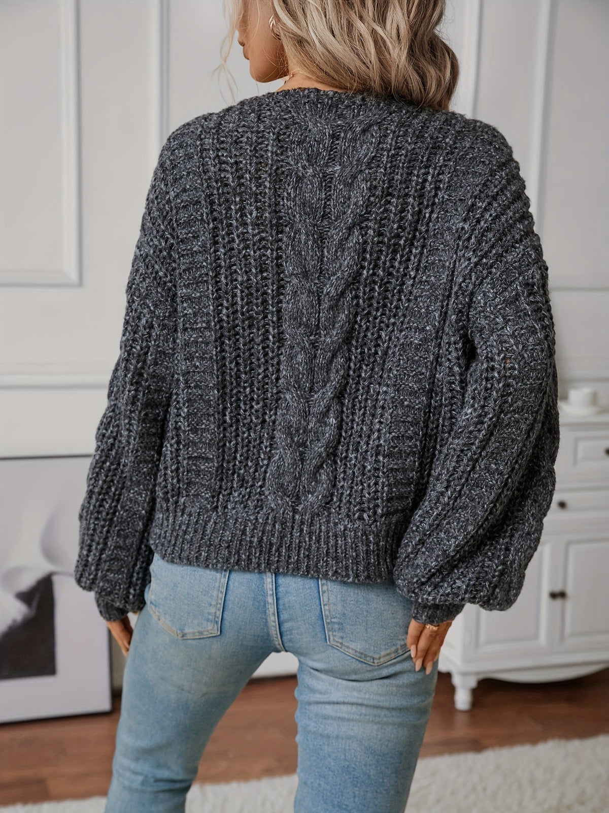 Women's Chunky Cable Knit V-Neck Jumper with Puff Sleeves, view 2