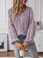 Women's Chunky Cable Knit V-Neck Jumper with Puff Sleeves, Purple, view 4