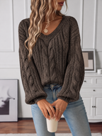 Women's Chunky Cable Knit V-Neck Jumper with Puff Sleeves, Brown, view 5