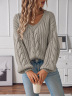 Women's Chunky Cable Knit V-Neck Jumper with Puff Sleeves, Khaki, view 6