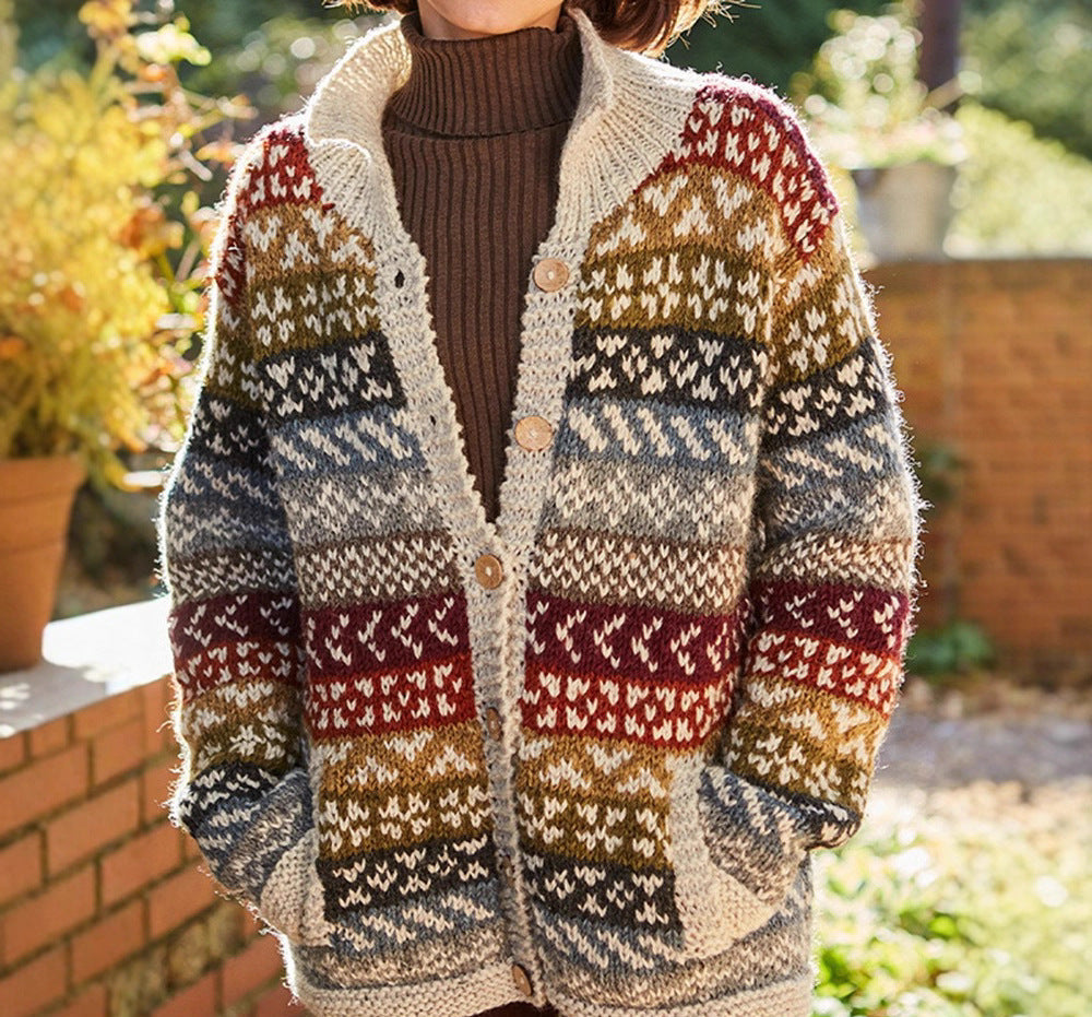 Women's Chunky Fair Isle Cardigan with V-Neckline, Rainbow, view 1