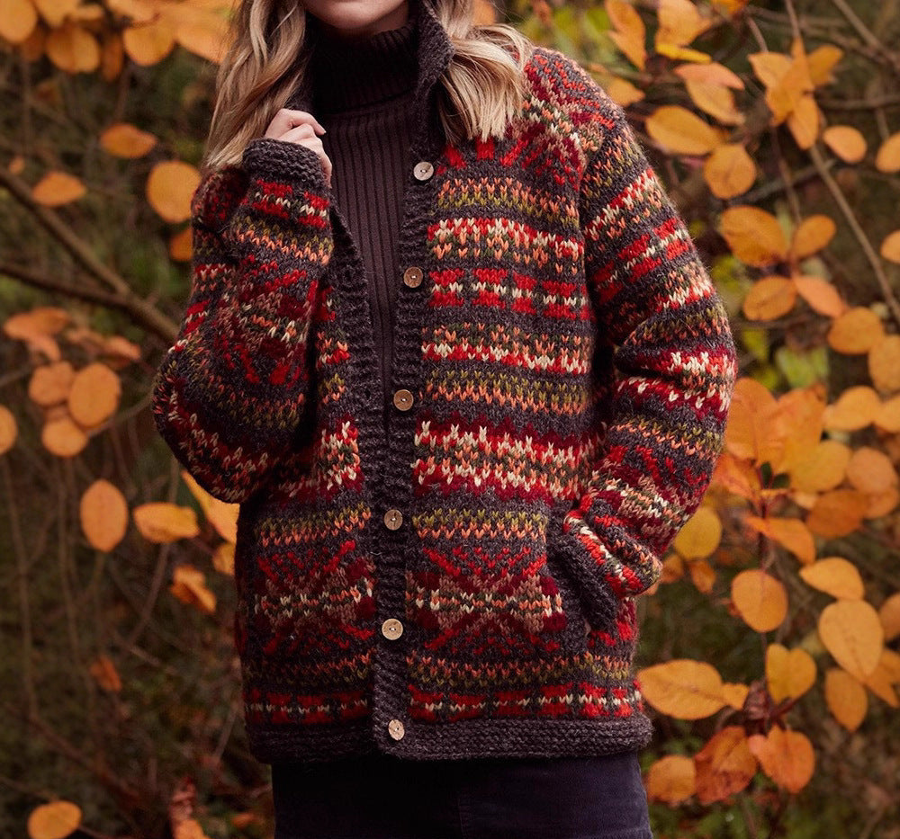 Women's Chunky Fair Isle Cardigan with V-Neckline, Red, view 2