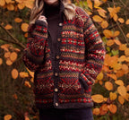 Women's Chunky Fair Isle Cardigan with V-Neckline, Red, view 2