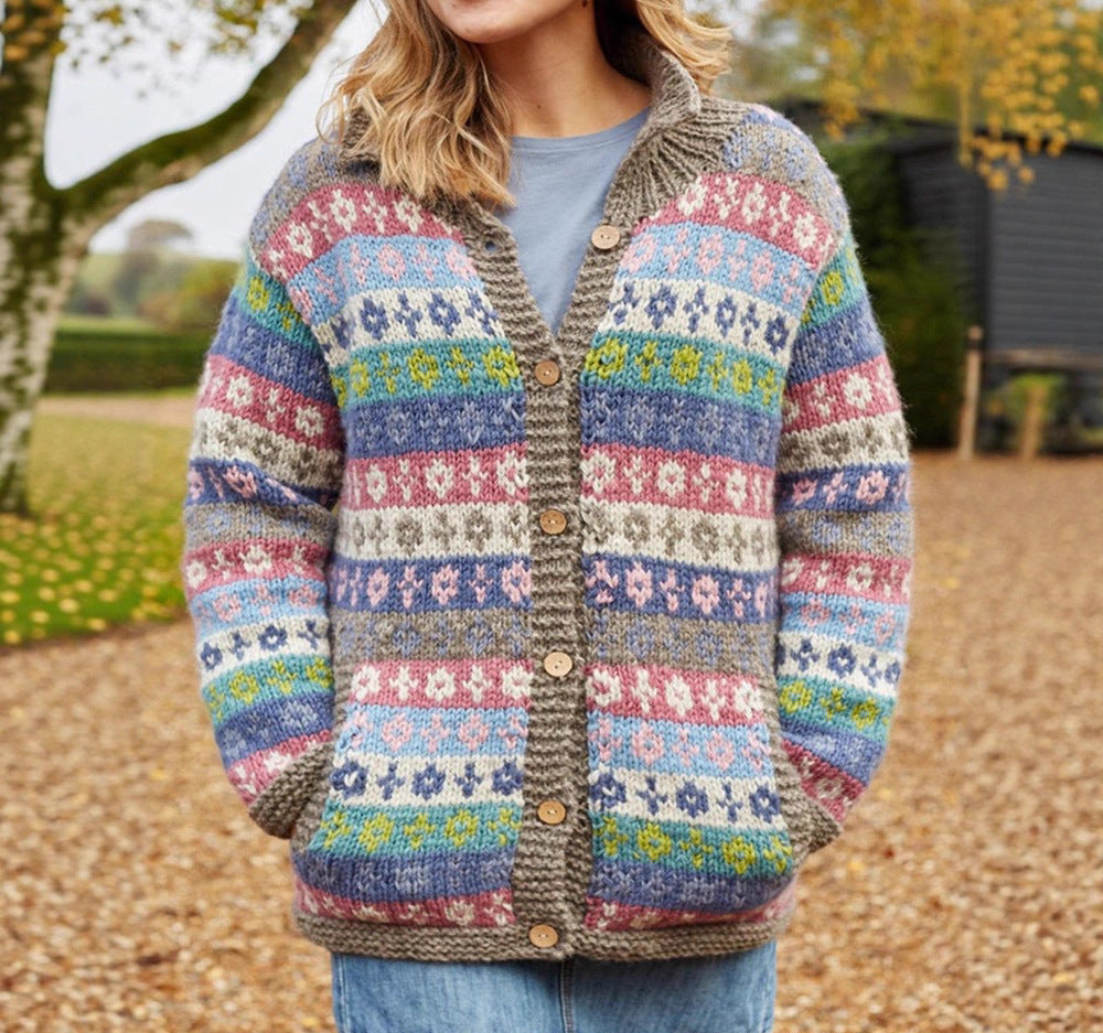 Women's Chunky Fair Isle Cardigan with V-Neckline, Pastel, view 3