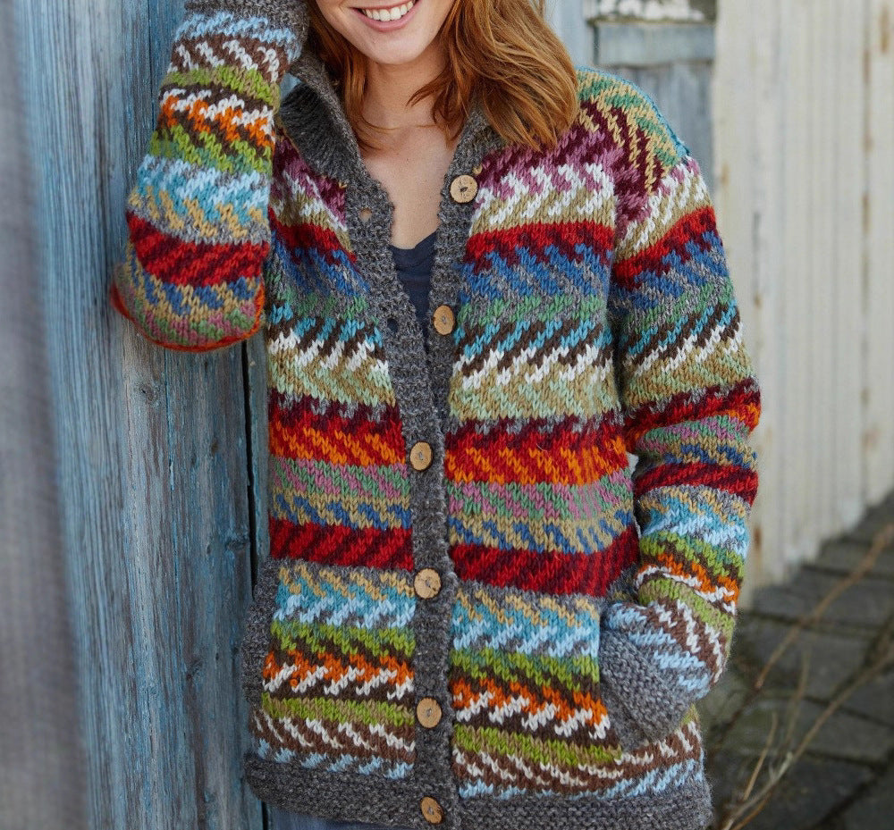 Women's Chunky Fair Isle Cardigan with V-Neckline, Blue, view 4