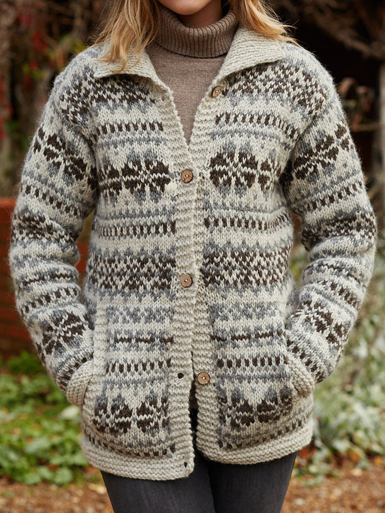 Women's Chunky Fair Isle Cardigan with V-Neckline, Grey, view 5