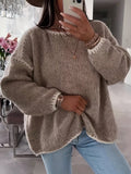 Women's Chunky Knit Boat-Neck Jumper with Contrast Trim, Khaki, view 1