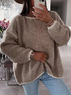 Women's Chunky Knit Boat-Neck Jumper with Contrast Trim, Khaki, view 1