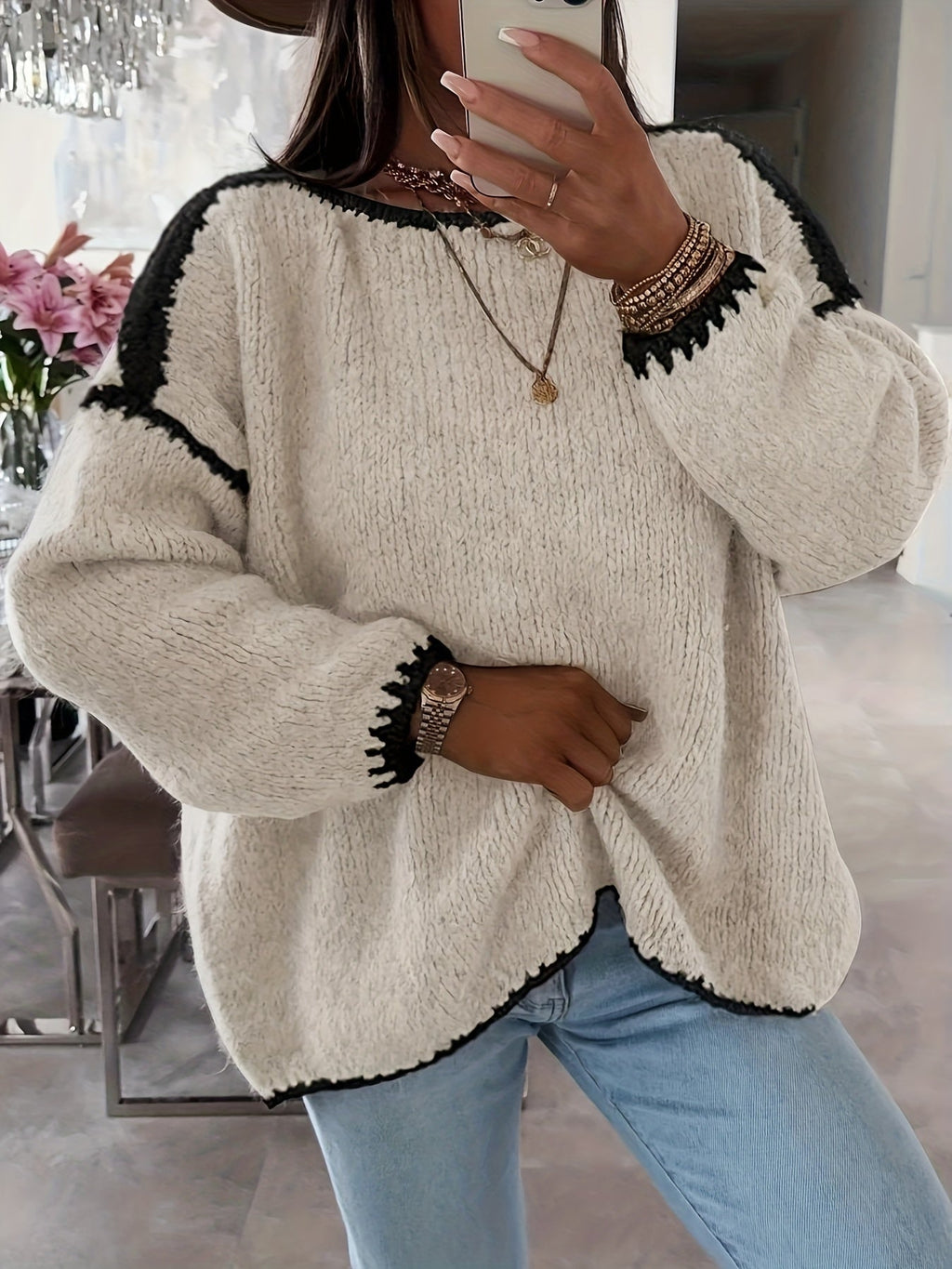Women's Chunky Knit Boat-Neck Jumper with Contrast Trim, Apricot, view 2