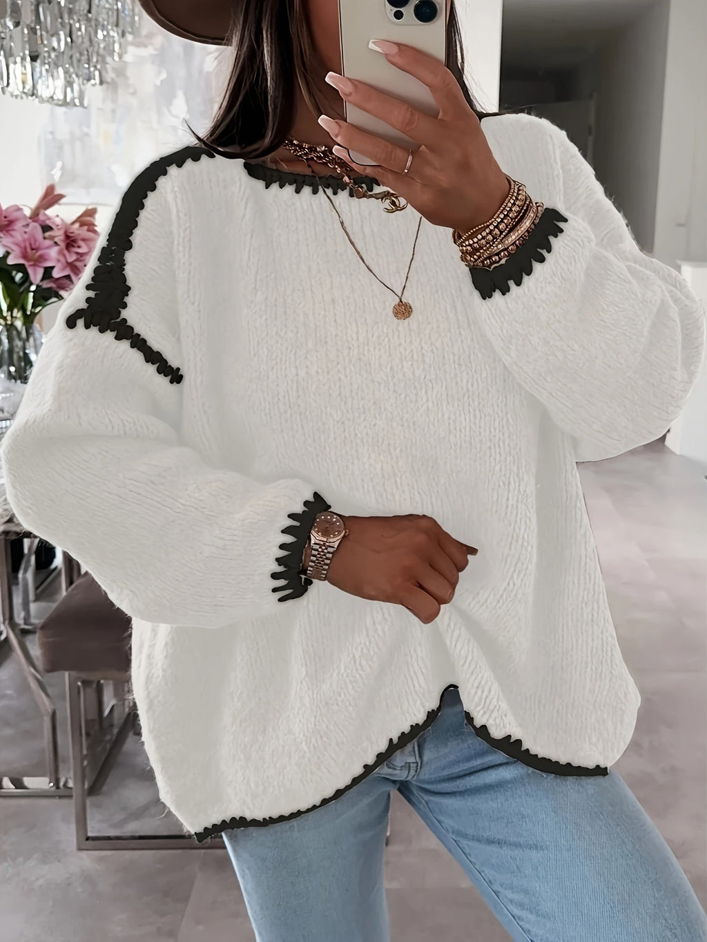 Women's Chunky Knit Boat-Neck Jumper with Contrast Trim, White, view 3