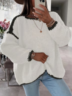 Women's Chunky Knit Boat-Neck Jumper with Contrast Trim, White, view 3
