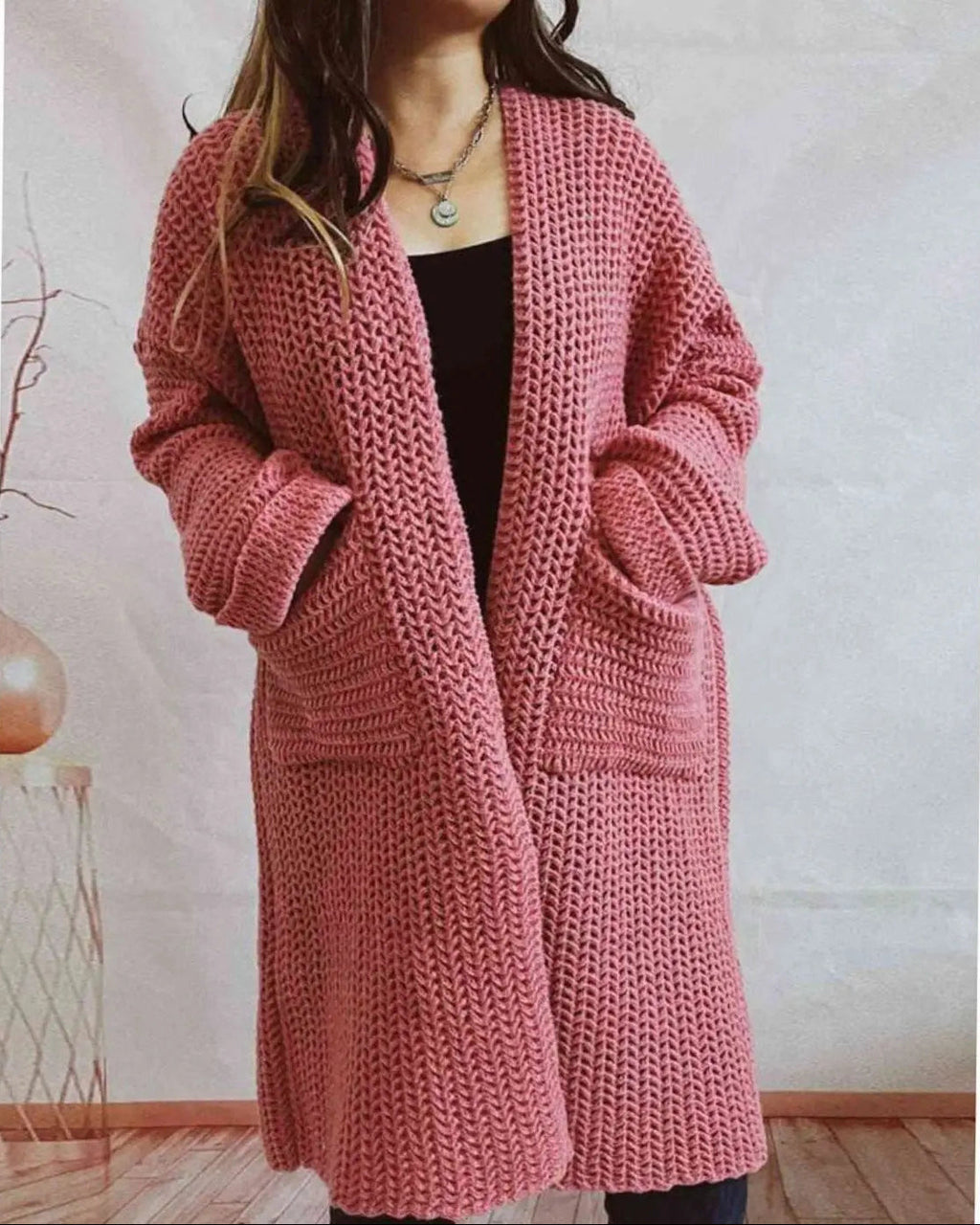 Women's Chunky Knit Cardigan with Front Pockets, Coral Pink, view 1