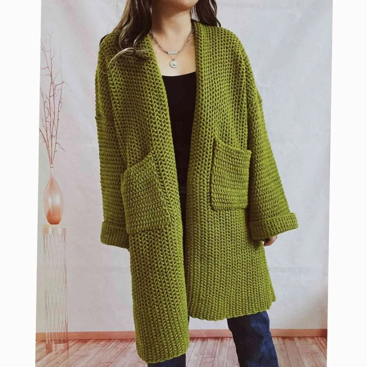 Women's Chunky Knit Cardigan with Front Pockets, Green, view 3