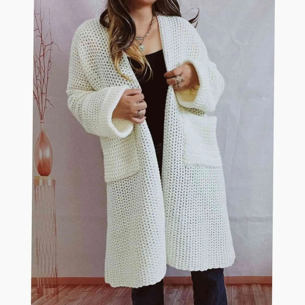Women's Chunky Knit Cardigan with Front Pockets, White, view 5