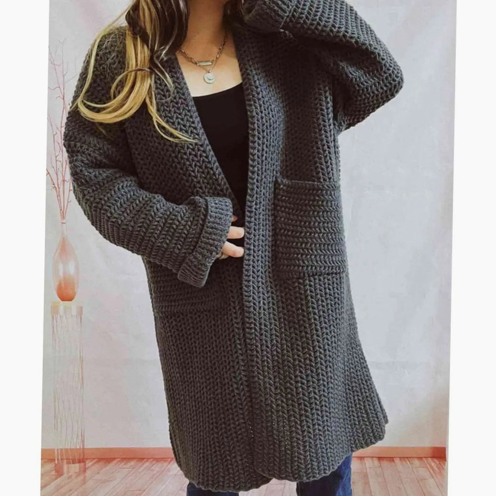 Women's Chunky Knit Cardigan with Front Pockets, Grey, view 7