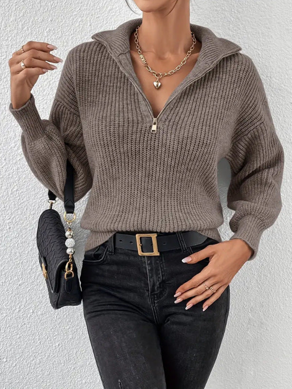 Women's Chunky Knit Jumper with Half Zip and Wide Collar, Brown, view 1