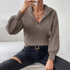 Women's Chunky Knit Jumper with Half Zip and Wide Collar, view 2