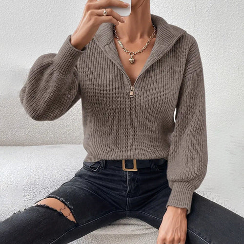 Women's Chunky Knit Jumper with Half Zip and Wide Collar, view 2