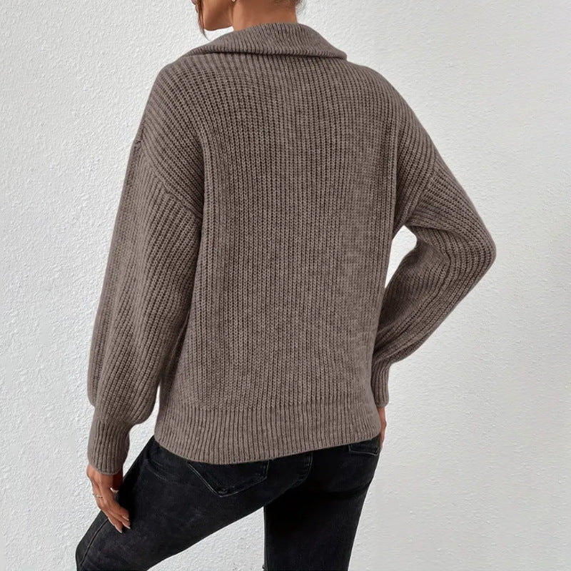Women's Chunky Knit Jumper with Half Zip and Wide Collar, view 3