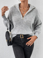Women's Chunky Knit Jumper with Half Zip and Wide Collar, Grey, view 4
