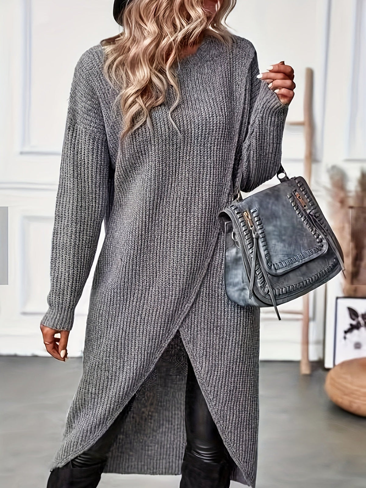 Women's Chunky Knit Midi Dress with Crossover Wrap Hem, view 1