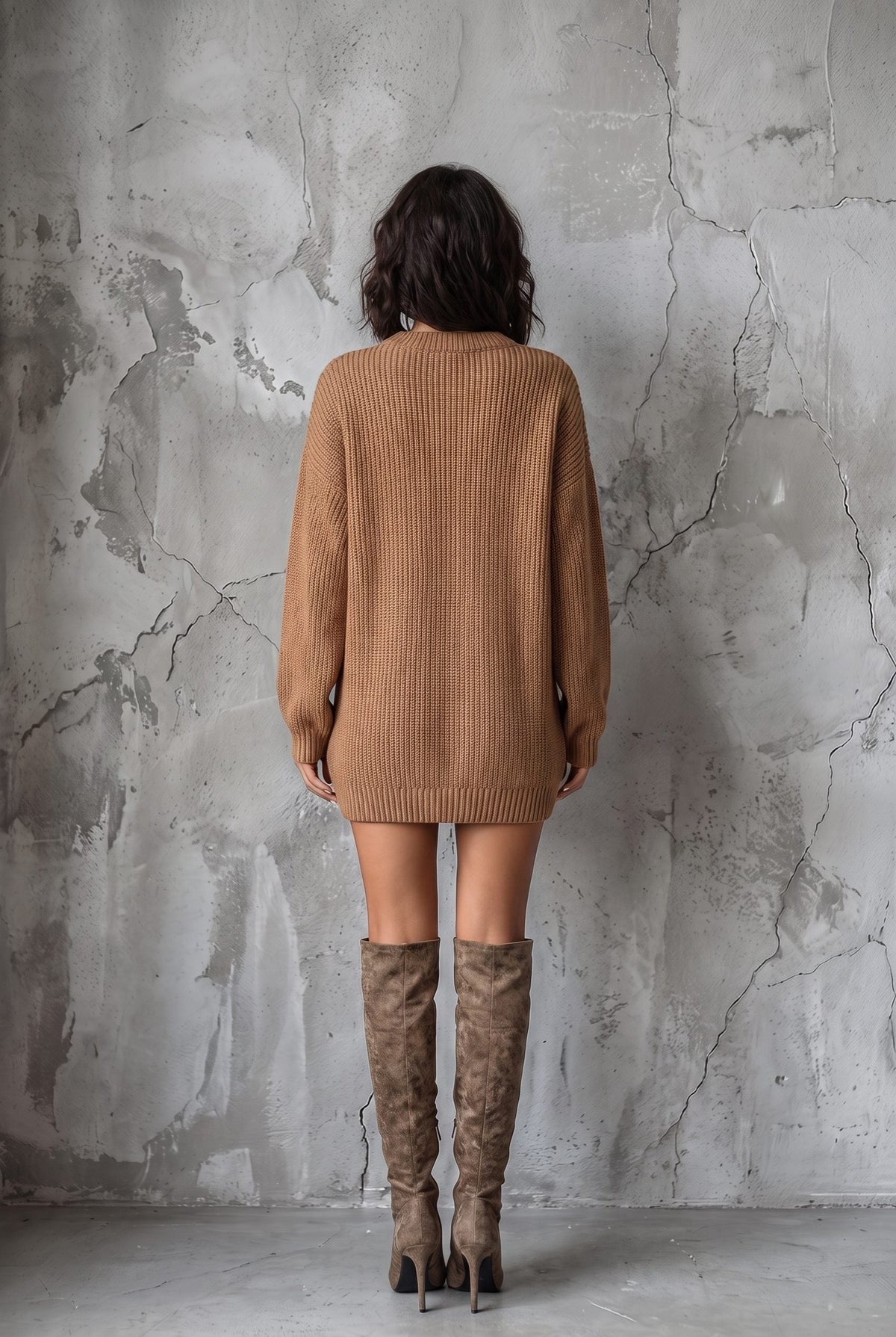 Women's Chunky Knit Mini Dress with Ribbed Cuffs, view 3