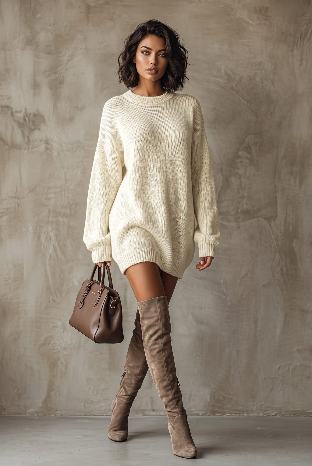 Women's Chunky Knit Mini Dress with Ribbed Cuffs, Beige, view 4