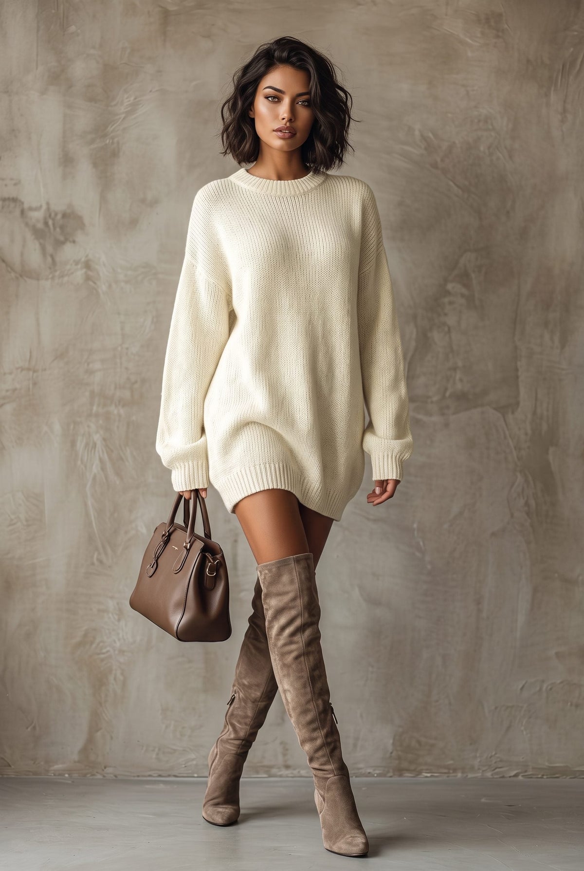 Women's Chunky Knit Mini Dress with Ribbed Cuffs, Beige, view 4