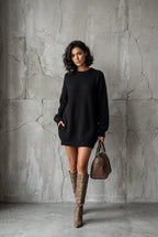 Women's Chunky Knit Mini Dress with Ribbed Cuffs, Black, view 5