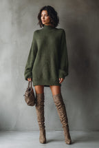 Women's Chunky Knit Mini Dress with Ribbed Cuffs, Army Green, view 7