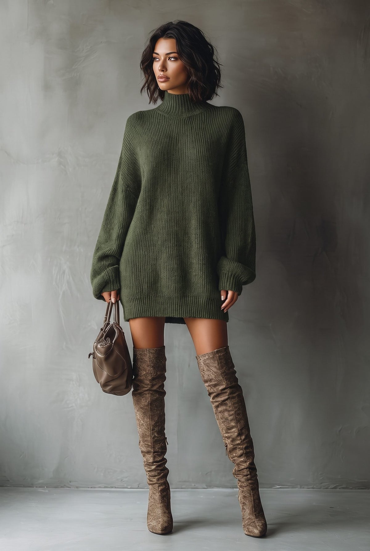 Women's Chunky Knit Mini Dress with Ribbed Cuffs, Army Green, view 7