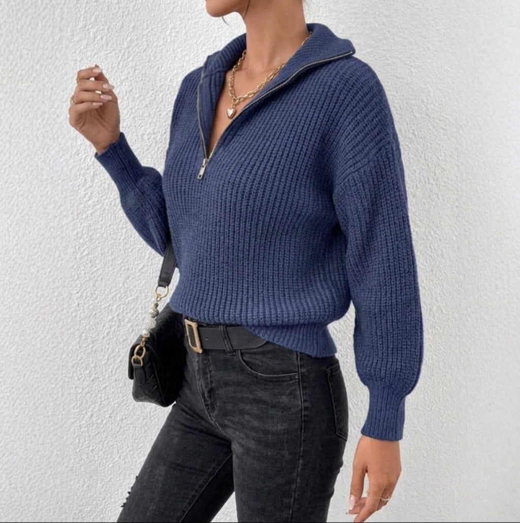 Women's Chunky Ribbed Half Zip Jumper with Wide Collar, view 2