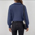 Women's Chunky Ribbed Half Zip Jumper with Wide Collar, view 3